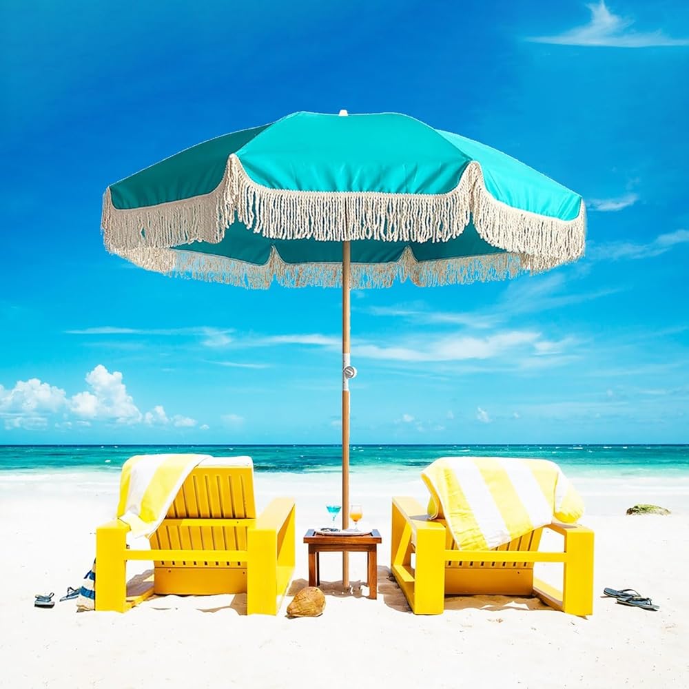 Boho Beach Umbrella With Fringe 6ft Patio Umbrella UPF50+ UV Protection Holiday Outdoor Umbrella Foldable With Tilt Tassel Umbrellas Carry Bag Garden Umbrella Waterproof For Garden Lawn Pool Table/8 R