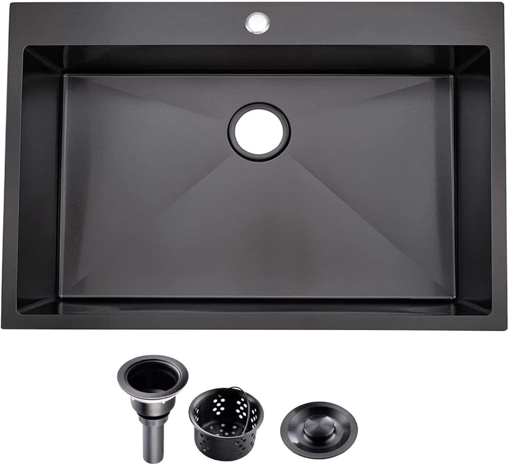 28 Inch Black Drop in Kitchen Sink, 28x20 Inch Gunmetal Black Single Bowl Stainless Steel Basin Topmount Kitchen Sink, 16 Gauge Metal Sink with Strainer