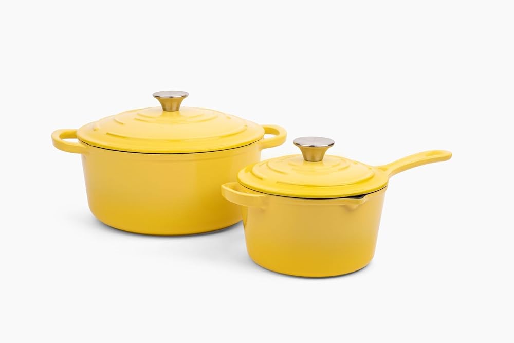 Larder & Vine 4-Piece Enameled Cast Iron Set, Oven Safe and Suitable for All Cooktops – includes 5.7 Quart Dutch Oven Pot with Lid and 2.2 Quart Saucepan with Lid (Limoncello)