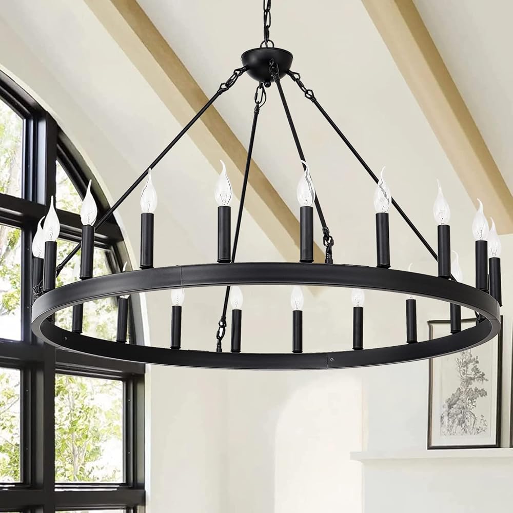 40 Inch Black Wagon Wheel Chandelier, 20-Lights Farmhouse Industrial Country Style Round Pendant Light Fixture for Dining Room Kitchen Island Foyer Entryway