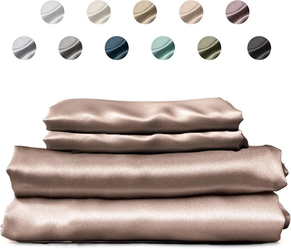SUNDAYSILKS™ | 100% Mulberry Silk Bed Sheets | Pure Silk Sheets | Natural Silk Bedding Set | 4PC California King Size | | Ultra Soft & Durable | Grade 6A Organic Real Silk Sheets [Nude Champagne]