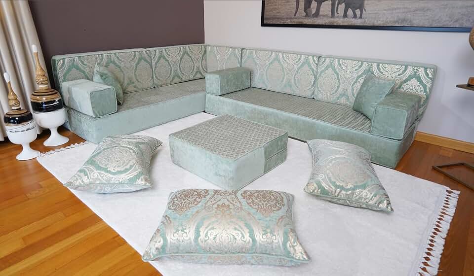 Arabic Floor Cushion, Bench Cushion, Turkish Floor Sofa, Arabic Majlis, Sofa Set Living Room, Diwan Sofa, Arabic Couch, Floor Pillow (8'' Thickness Sofa, L Sofa + Ottoman + Pillows, Royal Green)