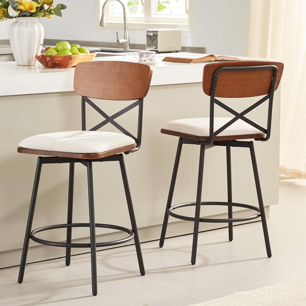 Swivel Counter Height Bar Stools Set of 2, Upholstered Barstools with Back for Kitchen Island, 26