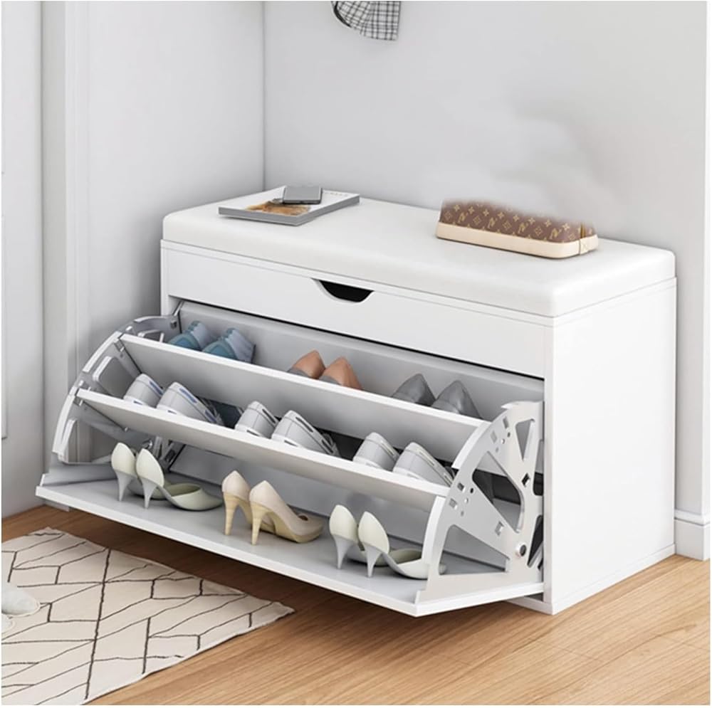 Shoe Storage Bench Entryway Hallway Furniture, Shoe Storage Bench with Hidden Shoe Rack, Shoe Rack Bench PU Upholstered Shoe Cabinet, Modern Entry Shoe Organizer Furniture(White,80CM)