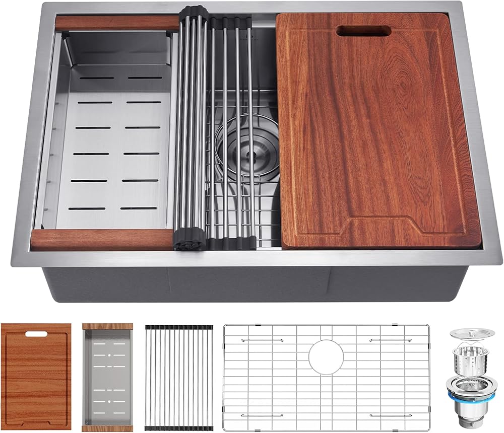 Kitchen Sink, 30 Inch Undermount Kitchen Sink, Deep Single Bowl Stainless Steel Kitchen Sink 16 Gauge with Nano Coating & Brushed Finish, Handmade Workstation Sink with Ledge and Accessories