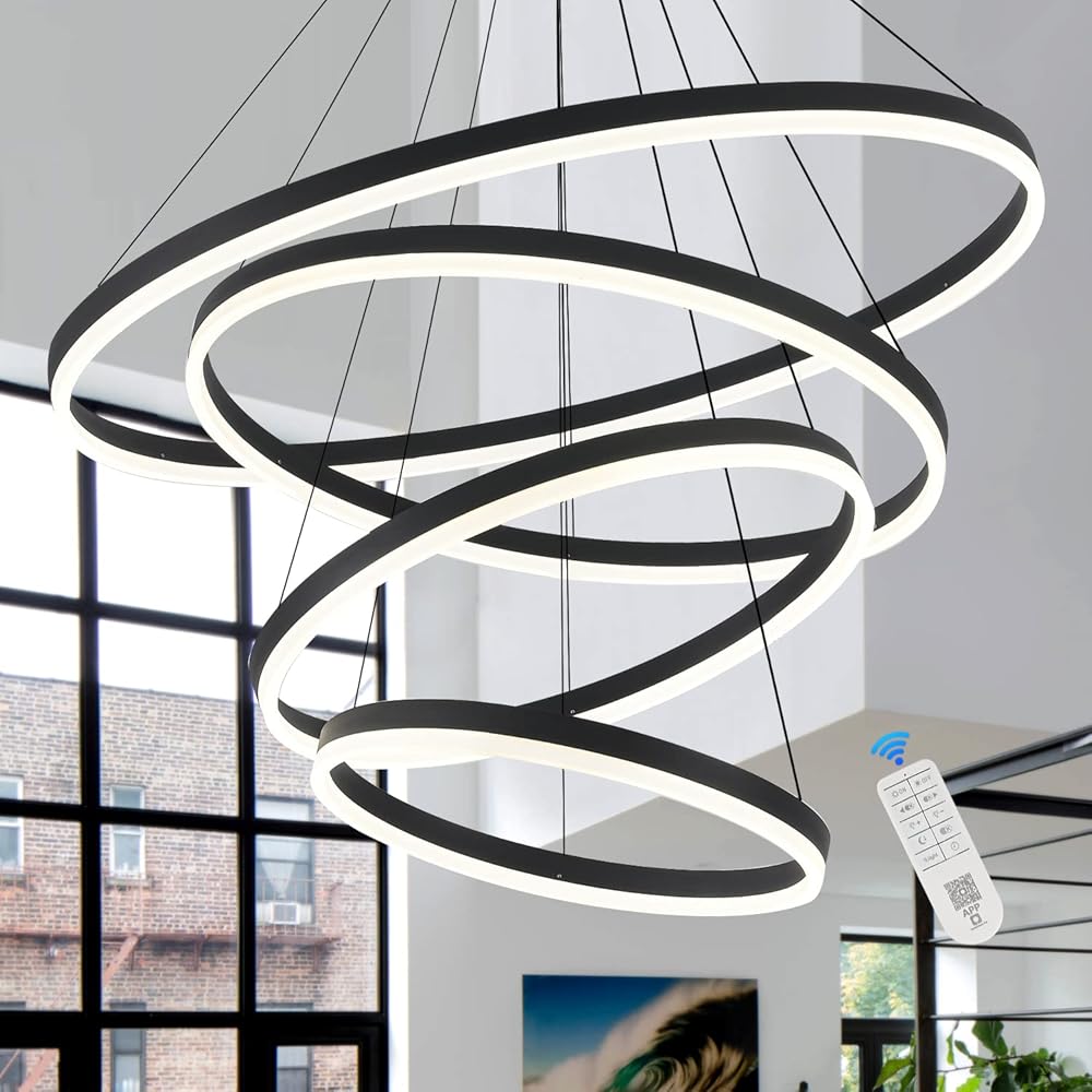4-Rings Modern LED Chandelier Black Contemporary for Living Room, Dimmable Flush Mount High Ceiling Pendant Light with Remote Control for Staircase Dining Room(D31.5’’, 3000K-6500K)