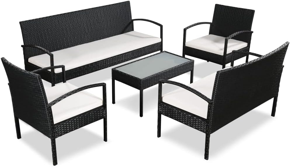 vidaXL Patio Furniture Set 5 Piece, Patio Conversation Set with Cushions, Outdoor Sectional Sofa with Coffee Table for Garden, Poly Rattan Black