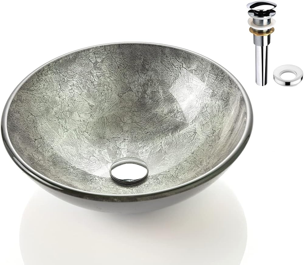 Honeysuckle Series Round Tempered Deco Glass Vessel Bathroom Sink | Top Mount Sinks Above Countertop |Handicraft Vanity Countertop Sink Bowl with Pop Up Drain |FW-LA624