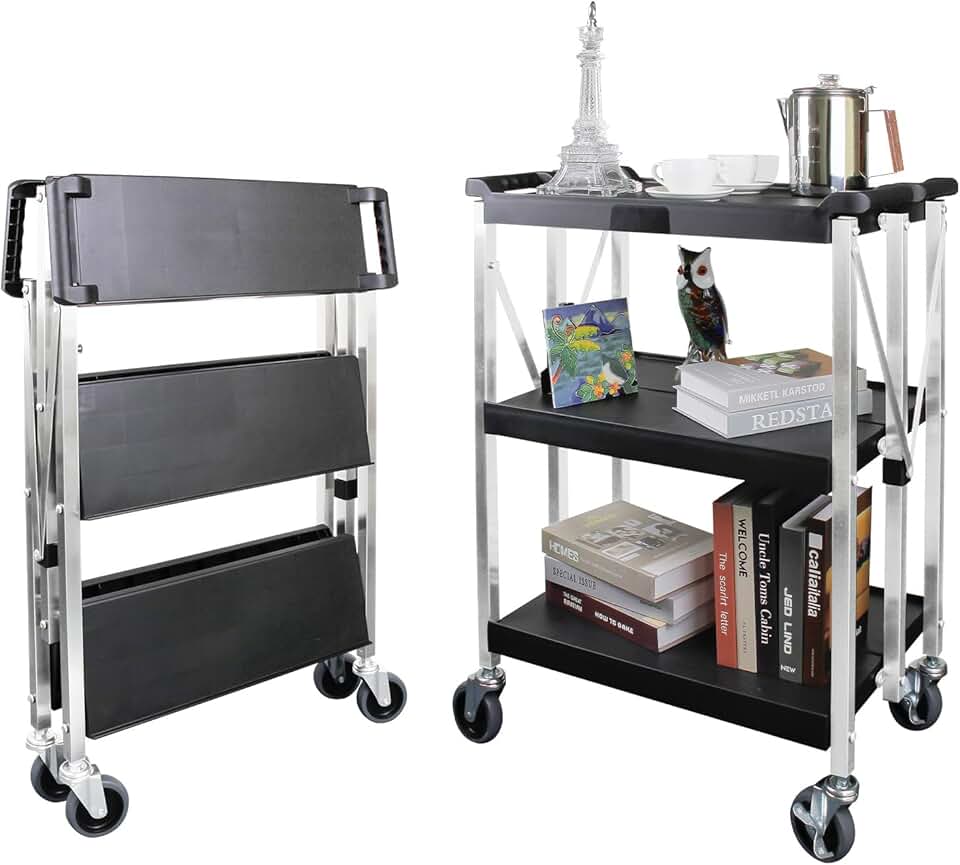 Folding Service Cart,3-Tier Stainless Steel Frame Rolling Cart with 360° Swivel Wheels, Multi Use Foldable Trolley 220LB Capacity for Restaurant, Kitchen, Office Home