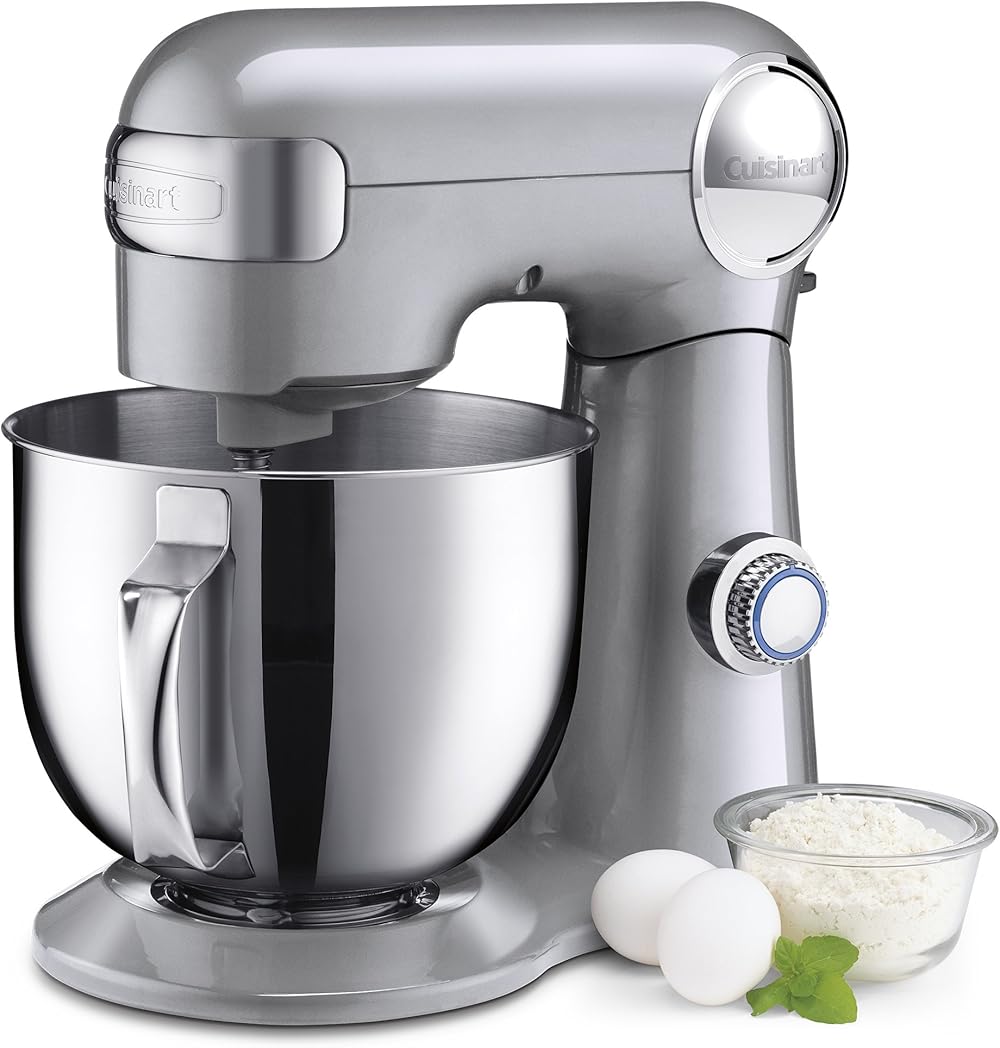 Cuisinart Stand Mixer, 12 Speeds, 5.5-Quart Mixing Bowl, Chef's Whisk, Flat Mixing Paddle, Dough Hook, and Splash Guard with Pour Spout, Silver Lining, SM-50BC, Silver Lining
