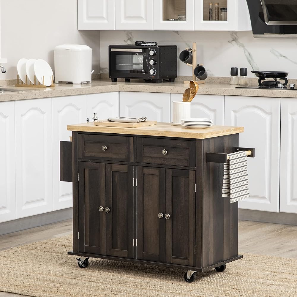 Rolling Kitchen Island Cart with Rubberwood Top,Spice Rack,Towel Rack and Drawers,for Kitchen,Dining,Brown Oak