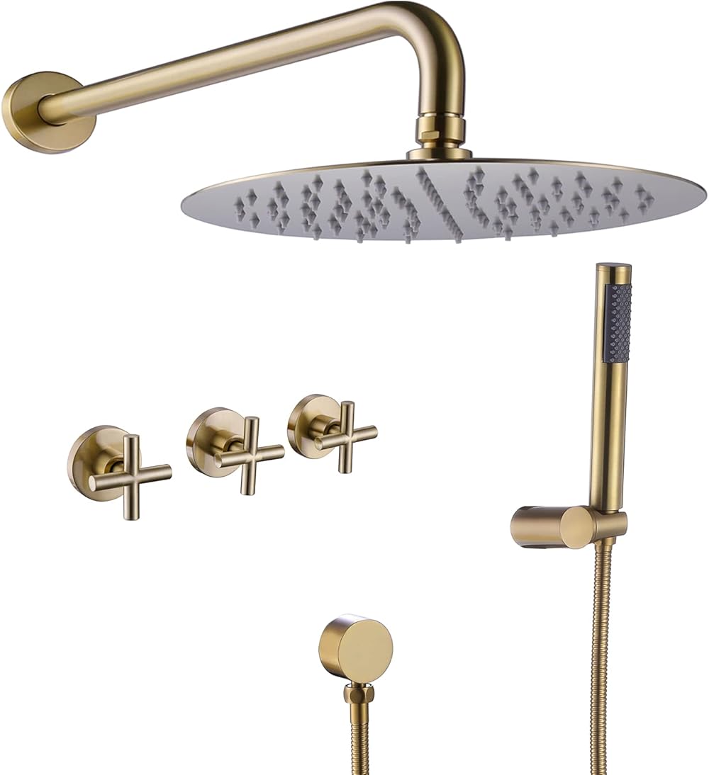 RBROHANT Gold Shower System Brass Shower Faucet Set, 10 Inch High Pressure Round Rain Shower Head with Handheld Spray, Wall Mounted, Rough-in Valve Included, Brushed Gold, RCS81010BG