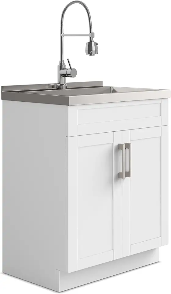SIMPLIHOME Hennessy Transitional 28 Inch Deluxe Laundry Cabinet with Faucet and Stainless Steel Sink in White, For the Laundry Room and Utility Room
