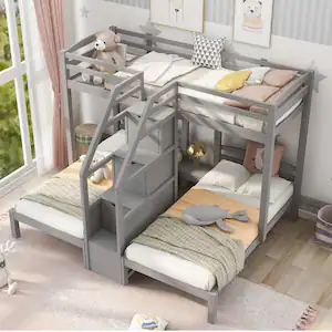 Harper & Bright Designs Gray Twin over Twin and Twin Bunk Bed with Built in Staircase and Little Drawer