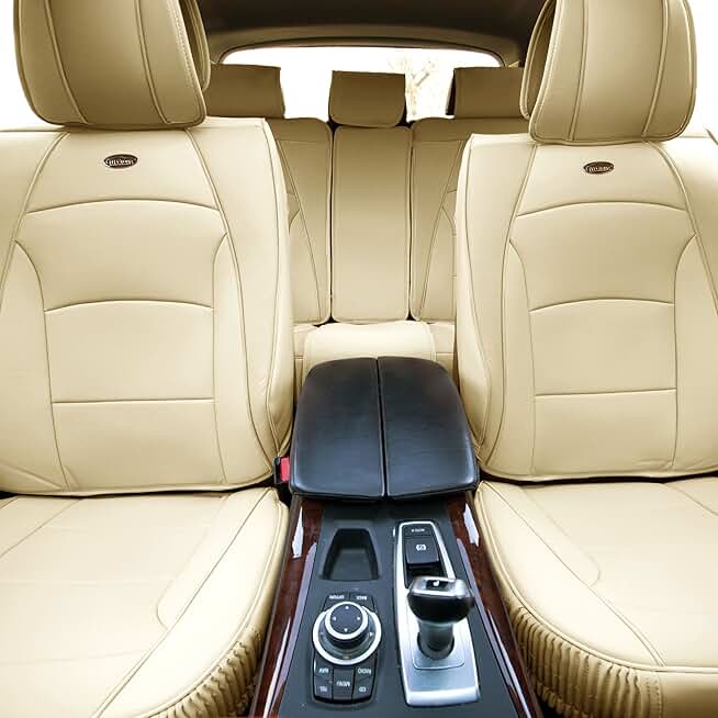 FH Group Ultra Comfort Highest Grade Faux Leather Full Set Cushion Pads Car Seat Covers for Front and Rear- Fit Most Car, Truck, SUV, or Van (Solid Beige)