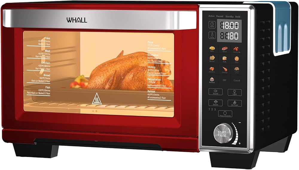 WHALL Toaster Oven, Max XL Large 30-Quart Smart Oven, 11 function Toaster Oven Countertop with Steam Function,12-inch Pizza/1700W, Red
