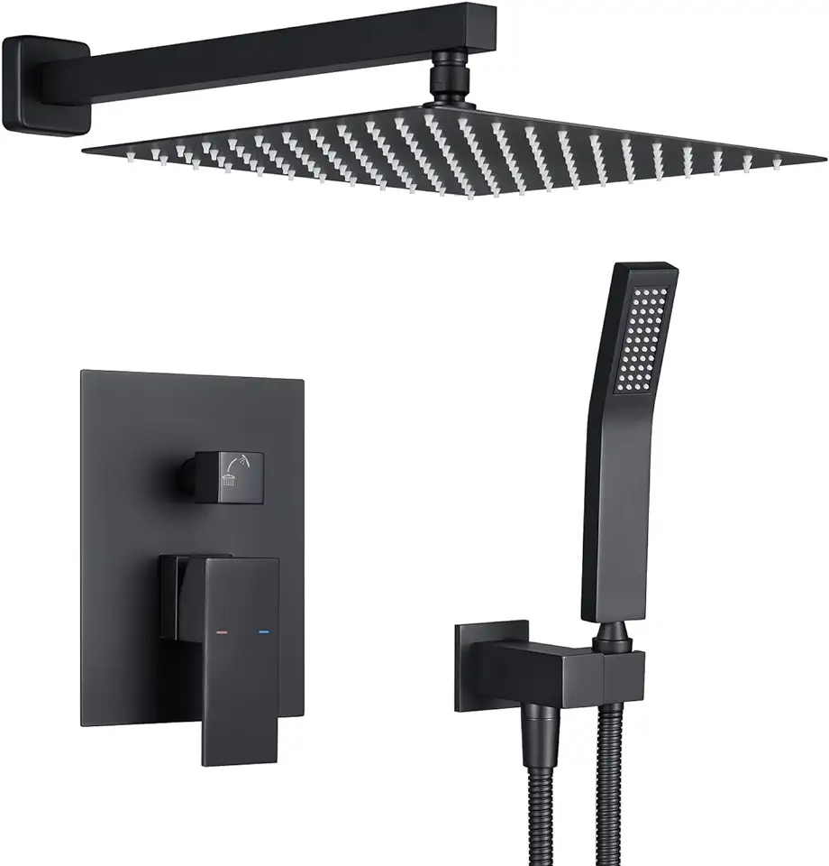 Rain Shower System 12 Inches Shower Combo Set Black Wall Mount Faucet Bathroom Faucets with Rainfall Shower Head and Hand Shower