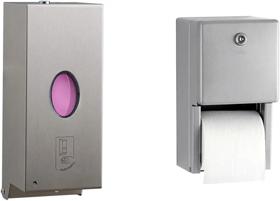Bobrick Automatic 30 Fl Oz Wall-Mounted Soap Dispenser & Double Roll Toilet Paper Dispenser Bundle, Stainless Steel