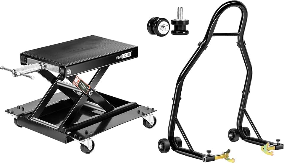 VIVOHOME 1100 Lbs Steel Wide Deck Motorcycle Lift ATV Scissor Lift Jack with SPECSTAR Heavy Duty Motorcycle Rear Wheel Lift Universal Sport Bike Swingarm Spool Paddock Stand Combo