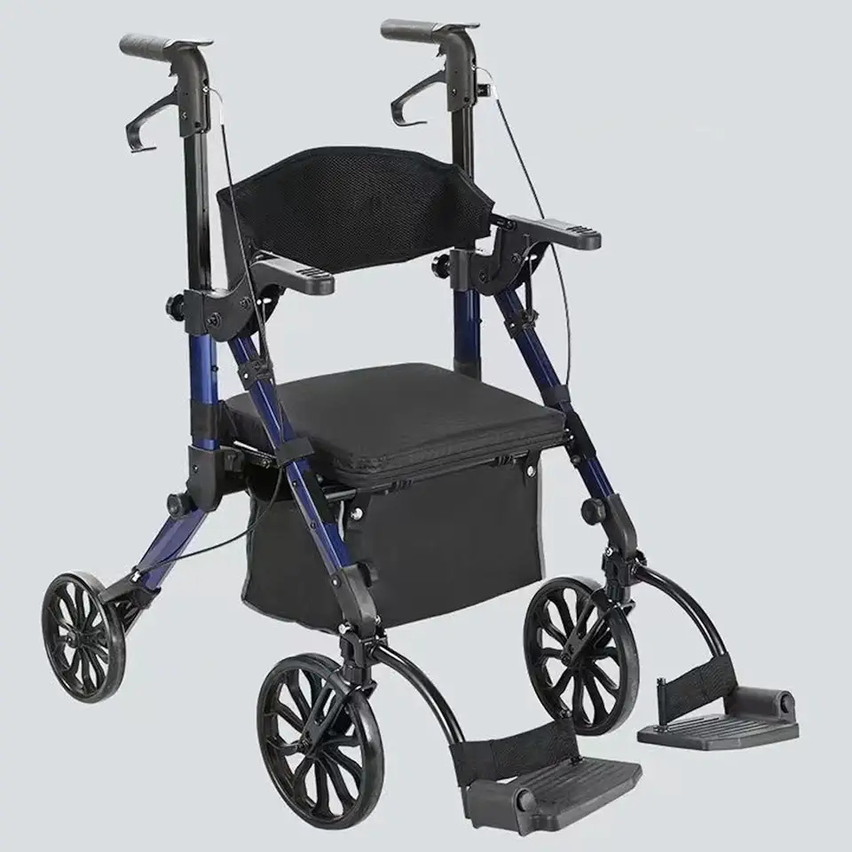 Blue,Apkaf Elderly Walking Aids Aluminum Alloy Seated and Foldable Walking Aid Walker Foldable Medical Rollator with Seat and Carrying Bag Mobility Aid for Elderly Disabled 4 Wheels Withstands 100Kg