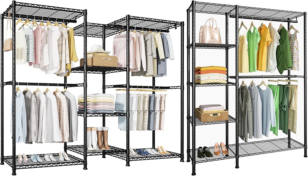 Ulif E4 and F2 Black Garment Rack Bundle, Freestanding Closet Organizer and Storage System, Heavy Duty Clothing Wardrobe 8 Shelves and Hanger Rods
