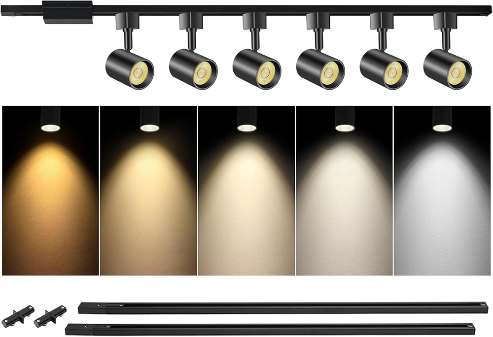 VANoopee 5 Color 6-Light LED Track Lighting Kit with 6.6FT H Type Track Lighting Rail and Floating Canopy Connector, Dimmable LED Track Light Heads Kitchen Track Lighting Fixtures 10W 800lm Black