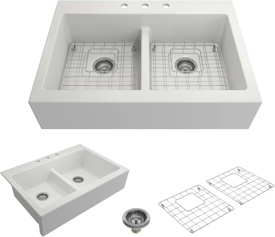 BOCCHI Nuova Apron Front Drop-In Fireclay 34 in. 50/50 Double Bowl Kitchen Sink with Protective Bottom Grids and Strainers in Matte White