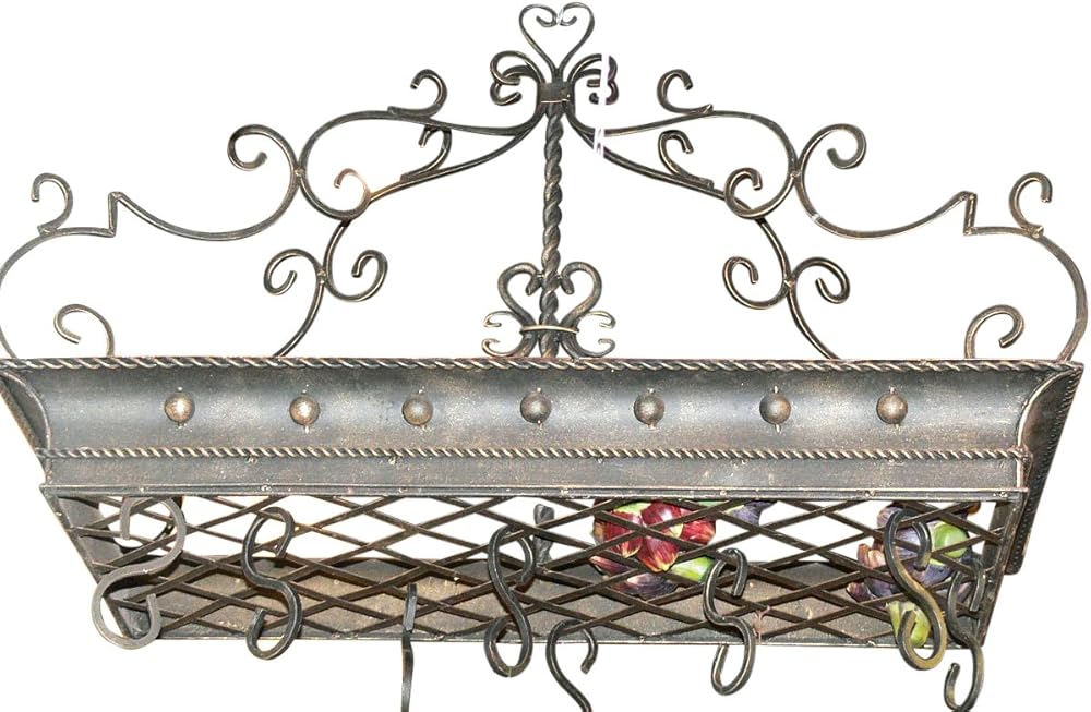 Posh ITALIAN SCROLLWORK Iron POT RACK Pan Hanging Ceiling Luxe Designer Metal 34 in x 18 in Antiqued Bronze