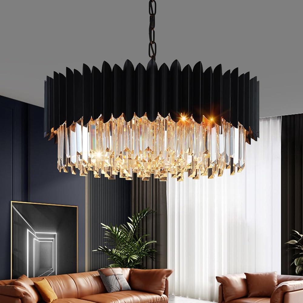 Black Crystal Chandelier, 23.62'' K9 Crystal Round Pendant Lights Adjustable 10-Light 5-Tier Large Modern Crystal Chandelier for Dining Room, Living Room, Entryway, Bedroom, Office