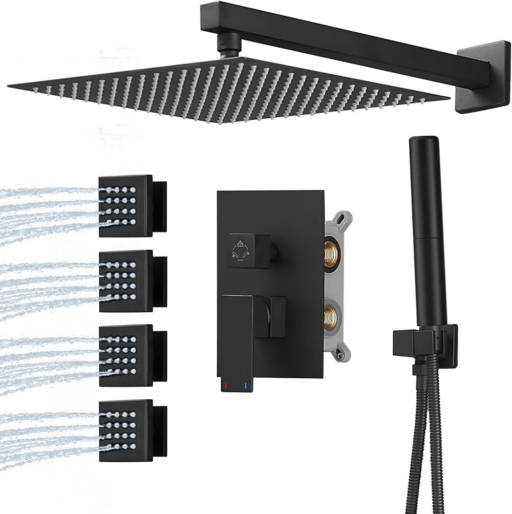 Hoimpro Rainfall Shower Faucet with 4 Full Body Shower Jet Fixture Combo, Shower System Set with 12 Inch Rain Mixer Shower Head and 2 in 1 Handheld Showerhead, Wall Mounted, Matte Black