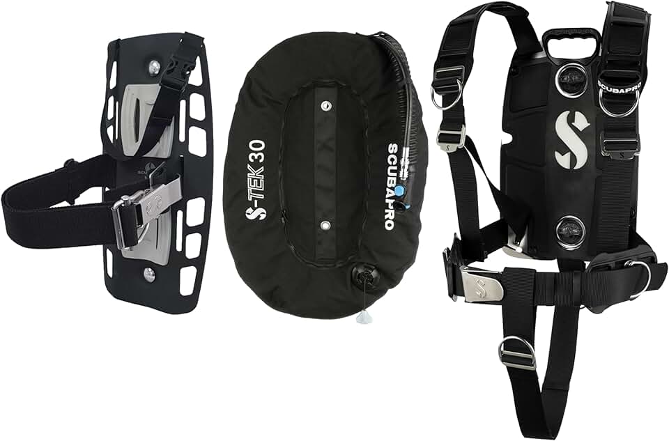 SCUBAPRO S-Tek Pro System for Technical Scuba Diving, Harness with Back Plate in Stainless Steel, Donut Wing 30 lbs/13 kg, Single Tank Adapter