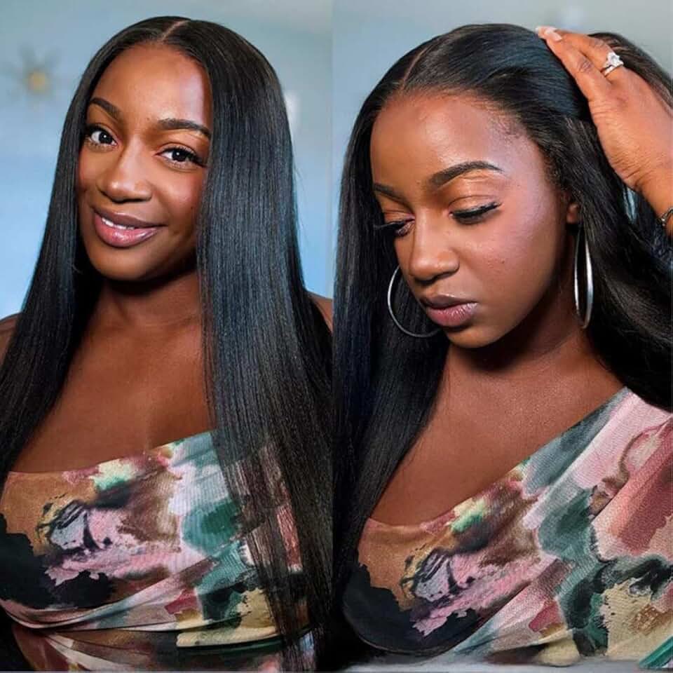 Beauty Forever 13x4 Pre-Everything Frontal Kinky Straight Lace Front Wig Put on and Go Glueless Wigs Human Hair,Pre Cut Ear to Ear Yaki Straight HD Lace Wig for Women Pre Plucked 150% Density 24inch
