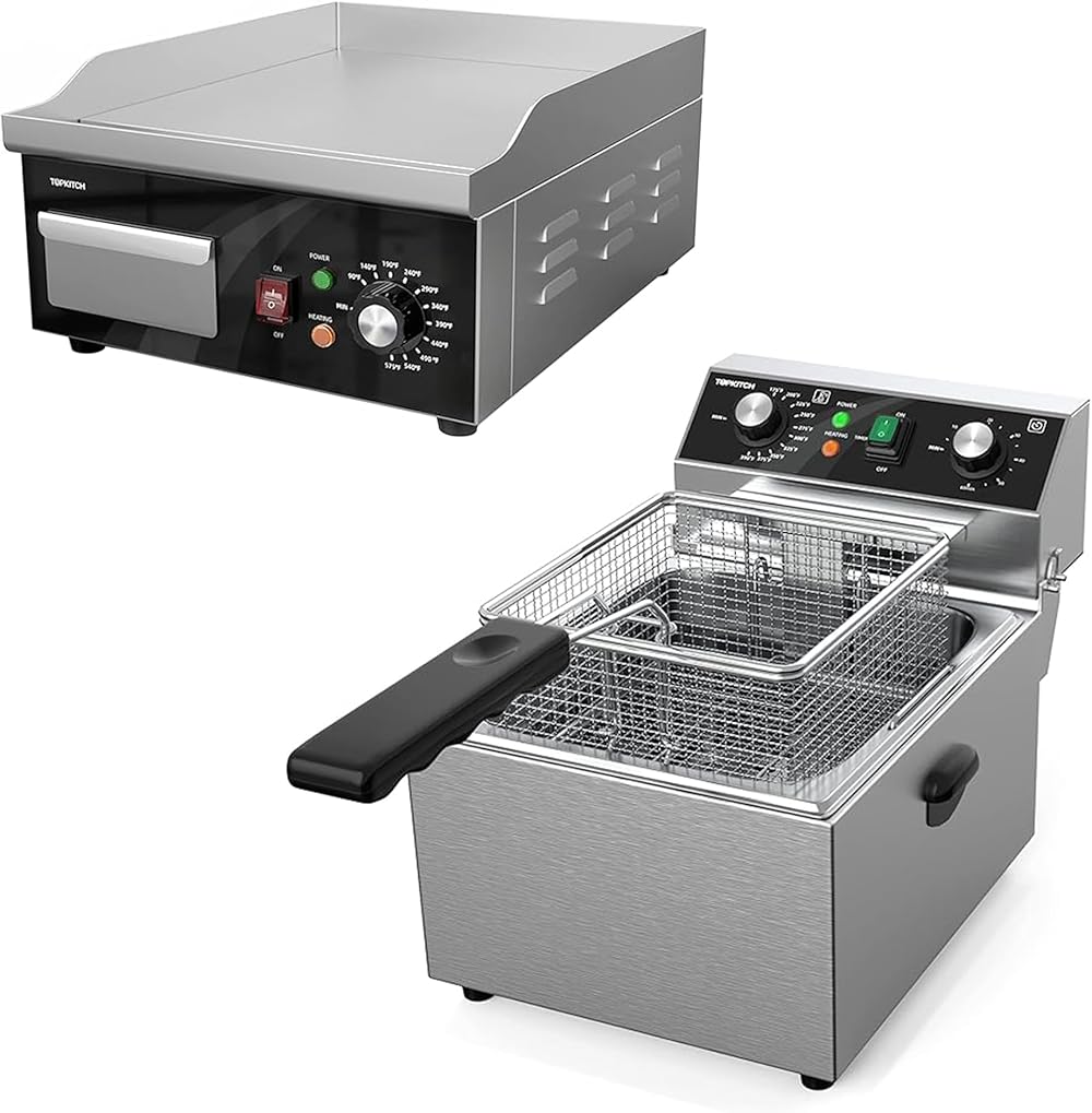 10L(10.5QT) Electric Deep Fryer with Basket, Timer & 14 Inch Electric Griddle, Stainless Steel, 120V 1800W, Temperature Control for Home Kitchen and Restaurant Use