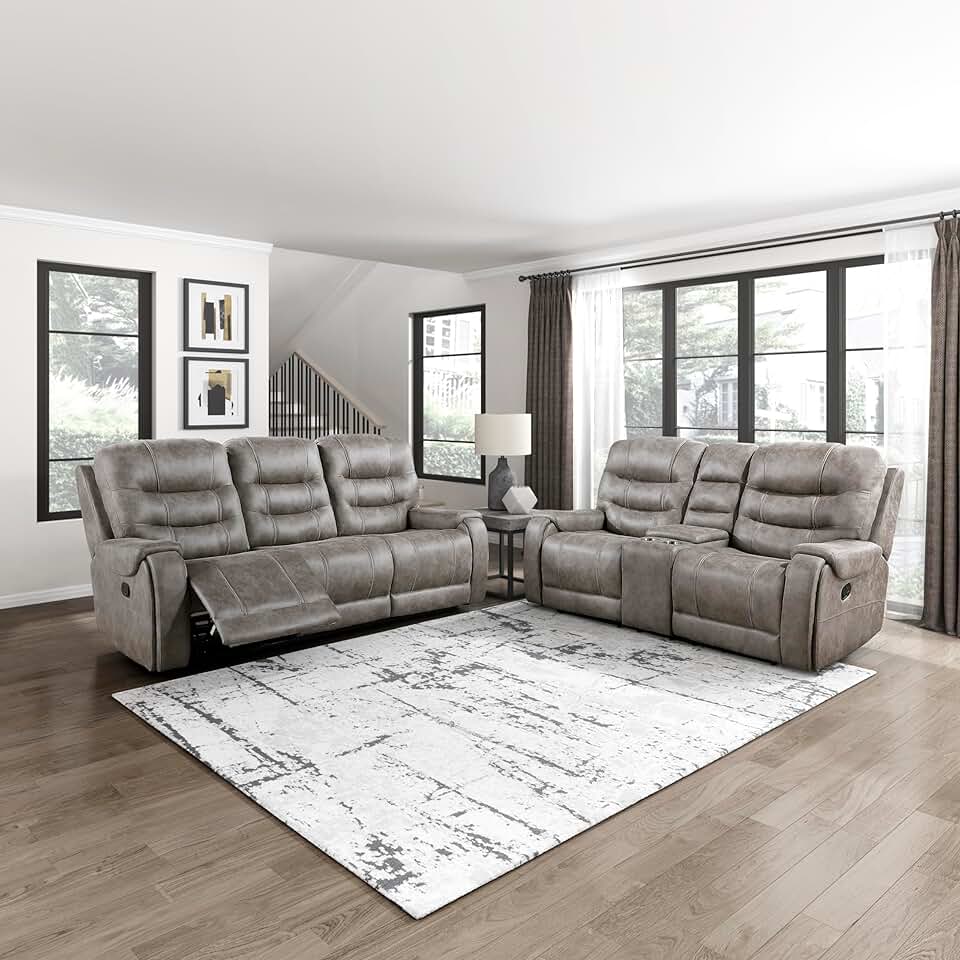 Lexicon Living Room Furniture Sets, Manual Wall Hugger Recliner Couch and Loveseat Sets-Microfiber Recliner Sofa & Loveseat, Home Theater Seating, Double Recliner RV Couch, Grayish Brown