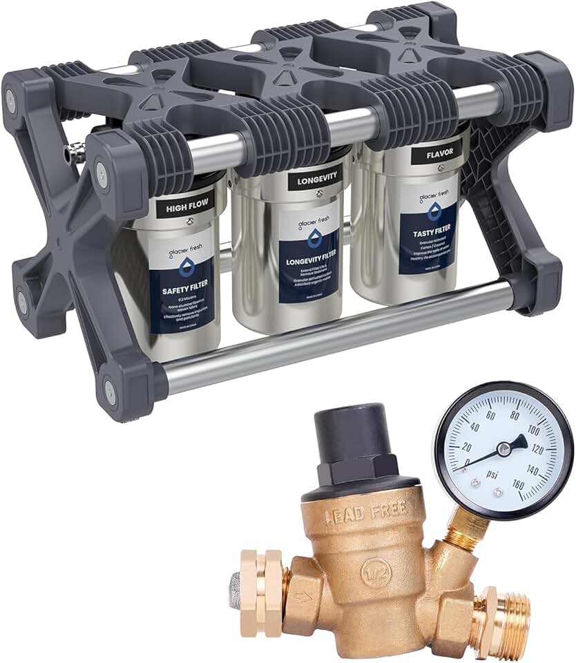 GLACIER FRESH Technology RV Water Filter System with Pressure Regulator Valve, for RVs, Camper Vans, and Boats