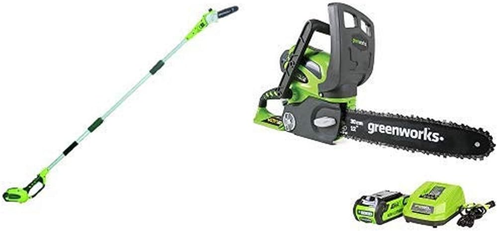 Greenworks 8.5' 40V Cordless Pole Saw, 2.0 AH Battery Included 20672 with 12-Inch 40V Cordless Chainsaw, 2.0 AH Battery Included 20262