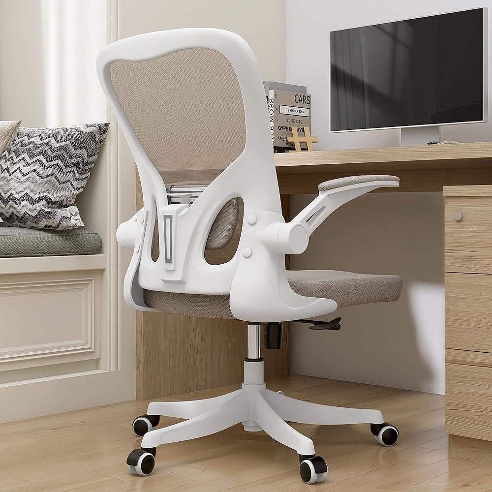 Desk Computer Chairs - Ergonomic with Lumbar Support & Flip-up Arms Home Office Height Adjustable High Back Rockable Swivel 360° Warm Taupe Mesh Study Chair