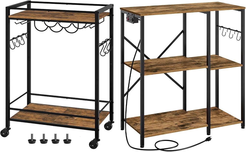 Bakers Rack with Power Outlet, 3-Tier Microwave Stand，Bar Cart, 3-Tier Serving Cart, Kitchen Cart with Wine Rack and Cup Holders
