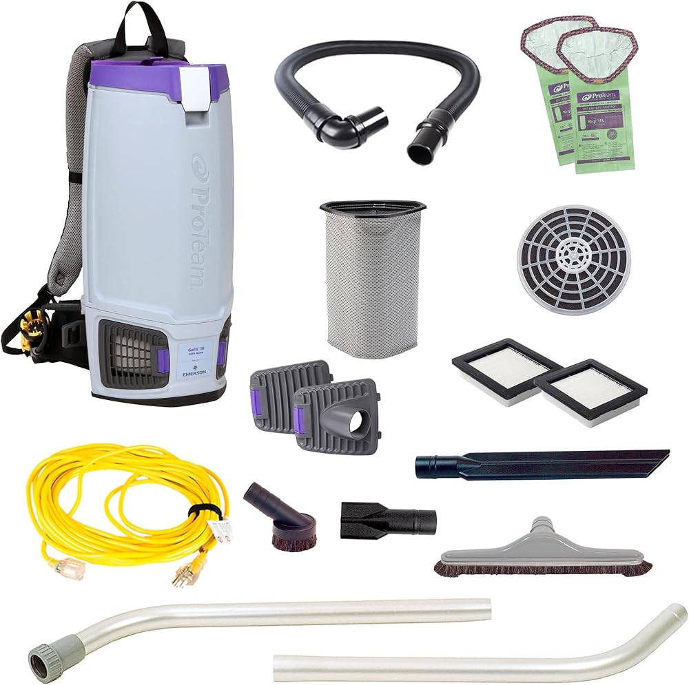 ProTeam GoFit 10 Commercial Backpack Vacuum with 107676 Blower Doors, 1.5 Inch Blower Tool and Hard Surface Tool w/Nylon & Horse Hair Blend Brush Tool Kit, Corded, 107800 + 107676, MegaVac Replacement