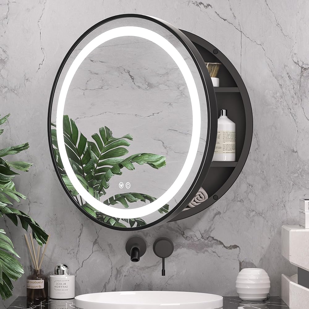 Keonjinn 24 In Black Round Lighted Medicine Cabinet for Bathroom with LED Mirror Metal Framed Electrical Outlet 3 Color Lights Anti-Fog Dimmable Wall Mounted Circle Mirror Cabinet for Bathroom Storage