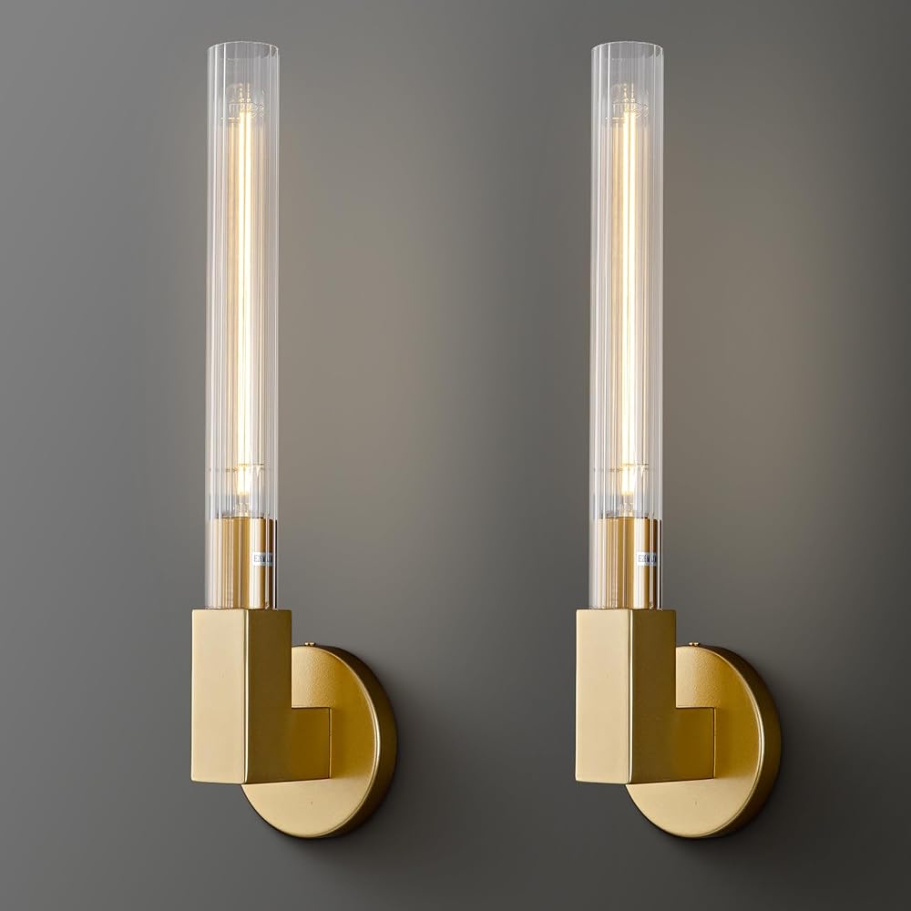 Wall Sconces Bathroom Vanity Light Fixtures,Gold Wall Sconces Set of Two, Tube Glass Bathroom Sconces Wall Lighting indoors,Wall Lights for Mirror,Hallway,Bedroom