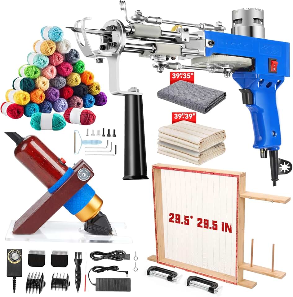 Riiai Tufting Gun Starter Kit with Tufting Frame 2024 New, Tufting Gun Cut Pile & Loop Pile, Tufting Frame 29.5”x 29.5”, 200W Carpet Trimmer-Rug Tufting Gun Making Kit for Rug Tufting (Blue)