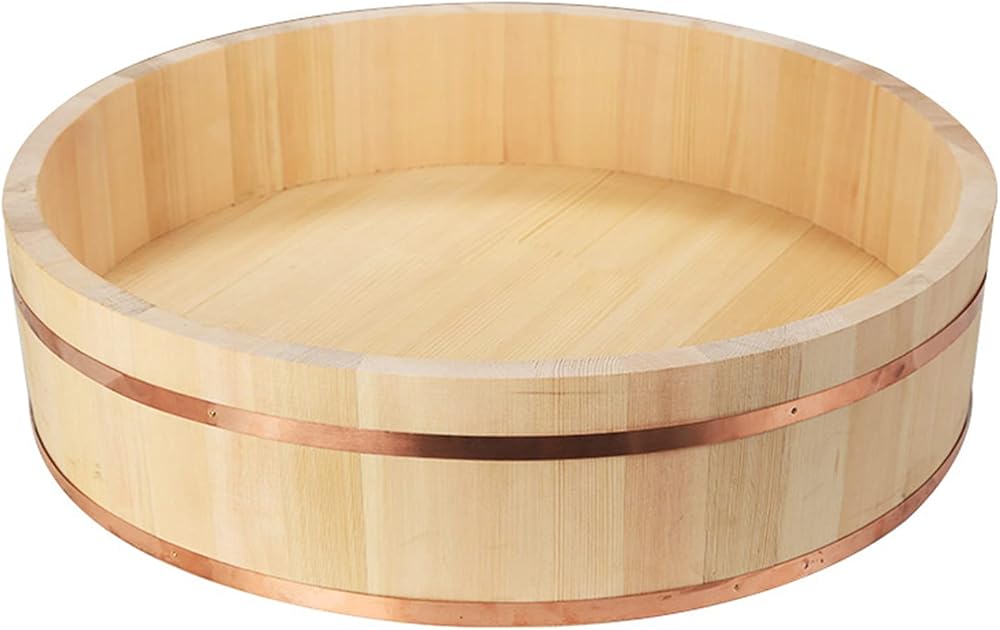 Japanese Rice Mixing Bowl Tub - Hangiri Sushi Making Pan with Copper Banding for Sushi Restaurant Serving Tool (White Pine Wood),60cm