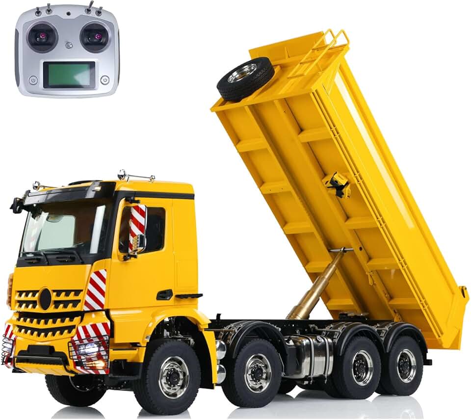 1/14 8X8 Hydraulic RC Metal Dump Truck 3-Speed Transmission Differential Lock Axles Remote Control Tipper Dumper Car Hobby Grade Model(Yellow)