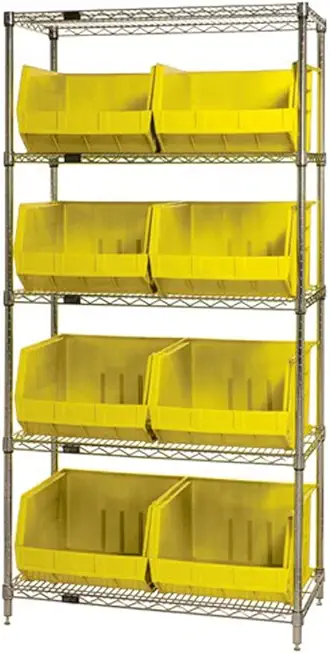 Quantum Storage Systems WR5-270YL 5-Tier Complete Wire Shelving System with 8 QUS270 Yellow Giant Open Hopper Bins, Chrome Finish, 18