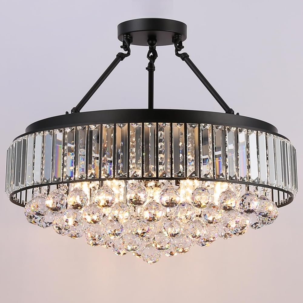 Black Chandelier,9 Lights E26 Modern Crystal Chandelier Black Large Round Semi Flush Mount Ceiling Light Fixture Farmhouse Chandelier for Dining Room Living Room Bedroom Kitchen Low Ceiling