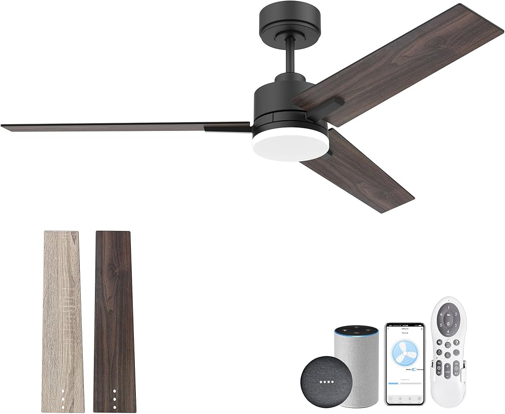 52in Smart Ceiling Fan with LED Lights Remote,Quiet DC Motor,Voice Control via Alexa Google WIFI App,Outdoor Indoor Modern Ceiling Fans,Dimmable,for Bedroom Patio Porch,Black and Walnut Brown