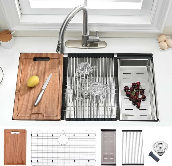 33Inch Undermount Workstation Kitchen Sink Stainless Steel -VOKIM 33 Inch Undermount Kitchen Sink Single Bowl 16 Gauge Stainless Steel Handmade R10 Deep Undermount Sink Basin with Accessories