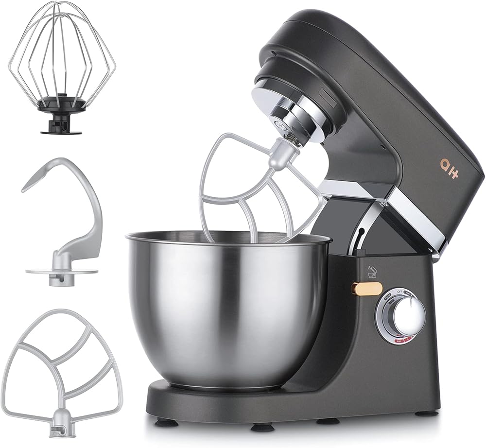 Stand Mixer 8+1-Speed Tilt-Head, 600W Kitchen Electric Mixer with 5QT Stainless Steel Bowl,Planetary Mixing System, Dough Hook, Flat Beater, Whisk, Splash Guard, Dishwasher Safe,Grey