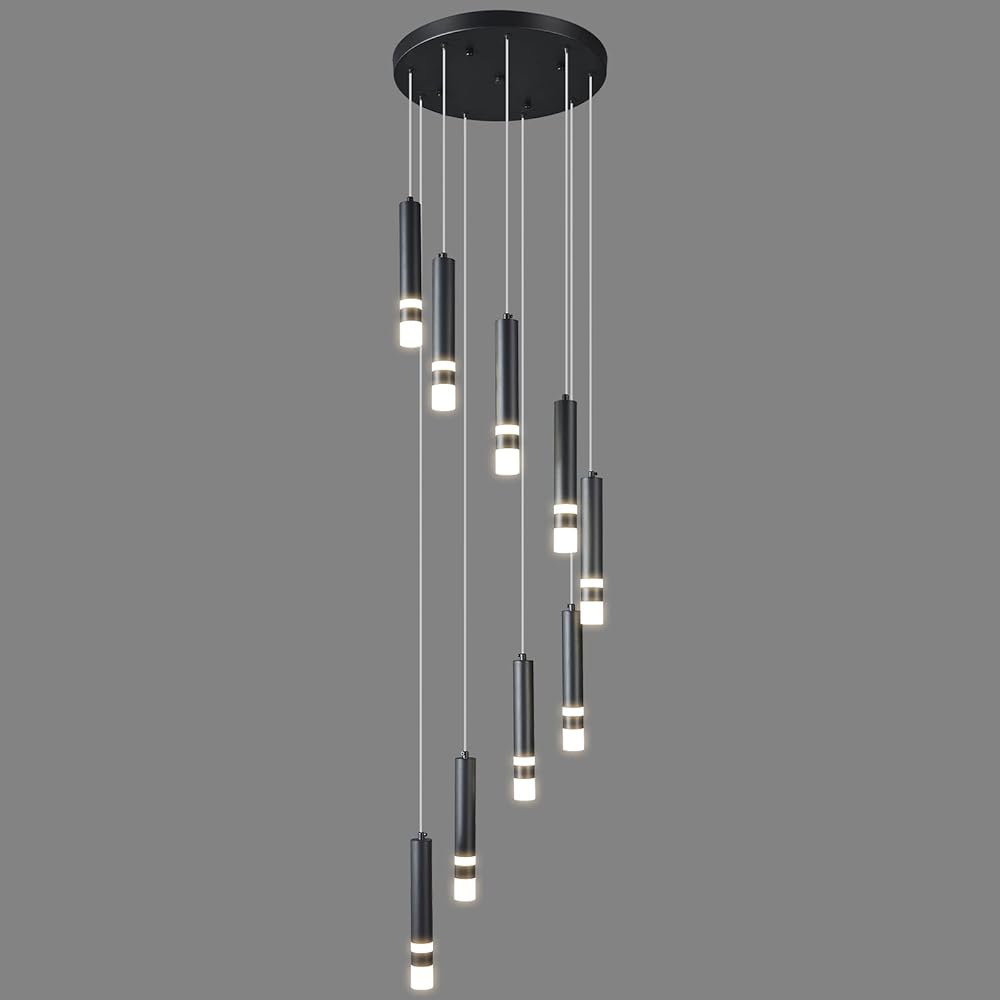 9-Light Modern Pendant Light Fixture Dimmable LED 54W Black Staircase Large Chandelier Lobby Living Room Bedroom Foyer High Ceiling Chandelier